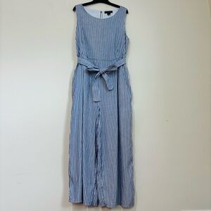 Tahari High Rise Linen Blend Blue White Striped Sleeveless Wide Leg Jumpsuit 14